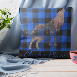 Rustikales blaues Kariertes Wolf Wilderness Throw  Kissen