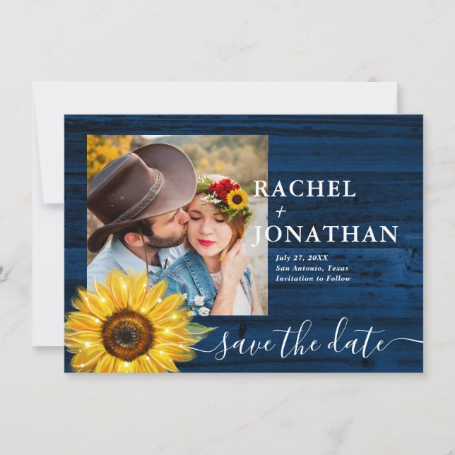 Rustikales blaues Sonnenblumen Foto Hochzeit speic Save The Date (Vorderseite)