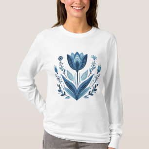Rustikales blaues Tulip Blume Folk Botanisches Des T-Shirt