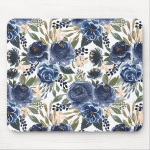 Rustikales blaues Wasserfarben-Rose und Peonies-Mu Mousepad