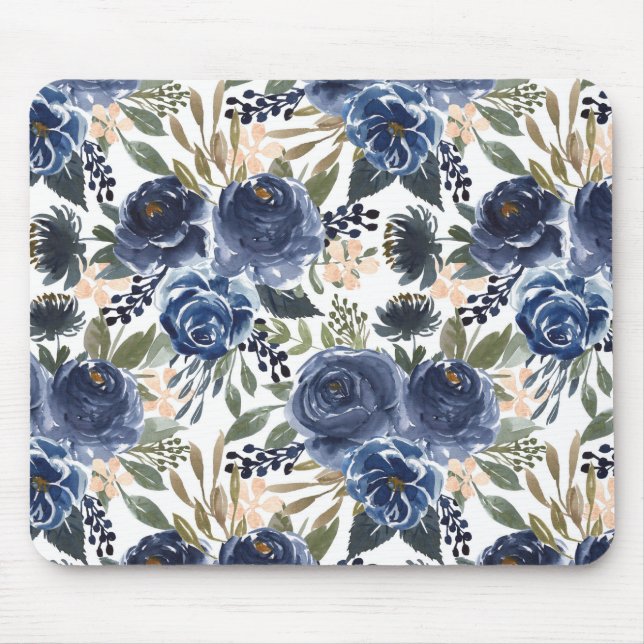 Rustikales blaues Wasserfarben-Rose und Peonies-Mu Mousepad (Vorne)