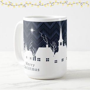Rustikales blaues Weihnachtsdorf Chevron Strickmus Kaffeetasse