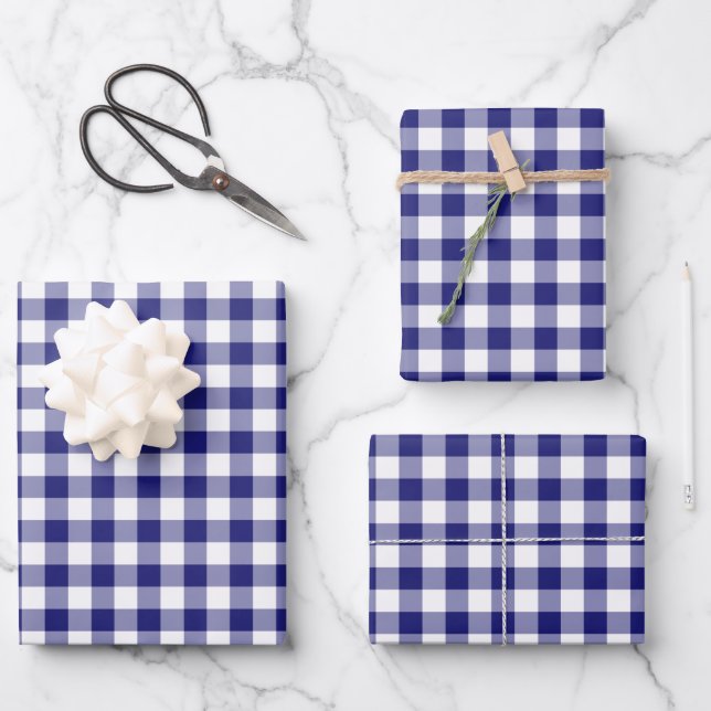 Rustikales blaues weißes Gingham-Muster Geschenkpapier Set (Vorderseite)