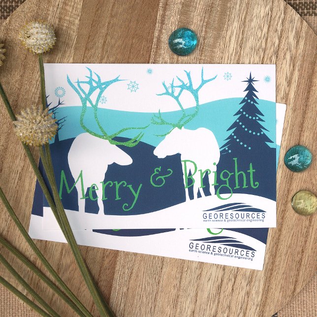 Rustikales blaues, weißes Rentier Firmenlogo Feier Einladung (Rustic Blue, Turquoise, Green Elk Company Holiday Christmas Cards, for Green, Blue Business Logo)