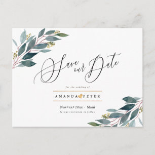 Rustikales Blaugummiblatt Save-the-Date Postkarte
