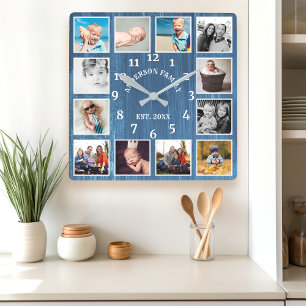 Rustikales Blue Barn Wood Farmhouse 12 Foto Collag Quadratische Wanduhr