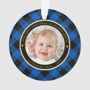 Rustikales Blue Black Kariert First Großeltern Fot Ornament
