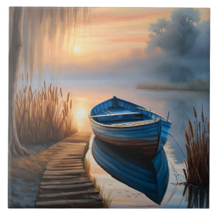 Rustikales Blue Boat bei Sonnenaufgang Fliese