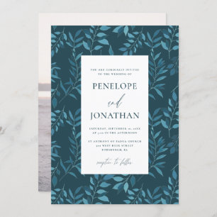 Rustikales Blue Botanical Wedding Foto Einladung