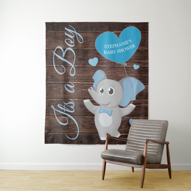 Rustikales Blue Boy Elephant Baby Dusche Hintergru Wandteppich (Beispiel)