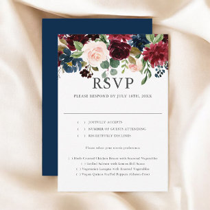 Rustikales Blue Burgundy Floral Wedding RSVP Karte