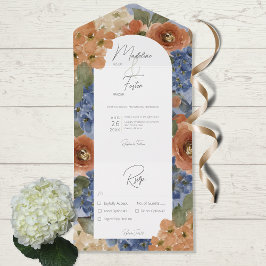 Rustikales Blue & Burnt Orange Rust Floral Dinner All In One Einladung