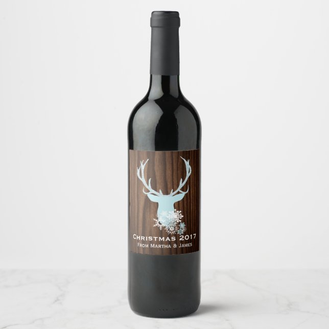 Rustikales Blue Deer Head Weihnachtsweinlabel Weinetikett (Vorderseite)