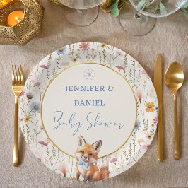 Rustikales Blue Floral Fox Baby Dusche Party Pappteller
