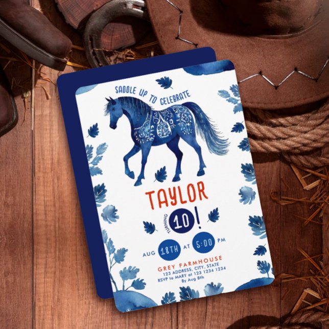 Rustikales Blue Horse Pony Western Wasserfarbe Par Einladung (Von Creator hochgeladen)