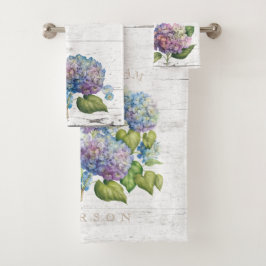 Rustikales Blue Hydrangea Blooms Wood Names Monogr Badhandtuch Set