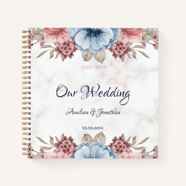 Rustikales Blue Pink Floral Wedding Guest Nook Notizbuch (Vorderseite)