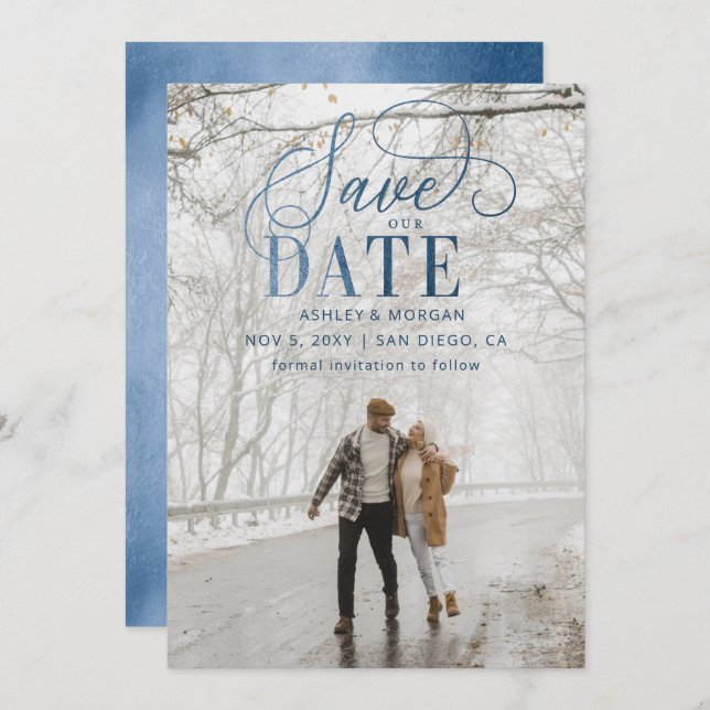 Rustikales Blue Script Modernes Foto Save the Date (Vorne/Hinten)