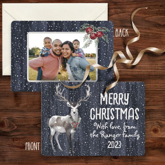 Rustikales Blue Snowy Rentier Weihnachtsfamilien F Feiertagskarte