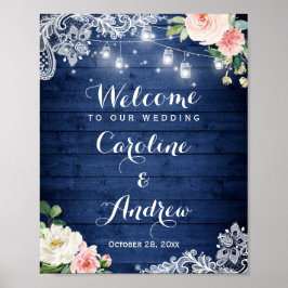 Rustikales Blue String Lights Lace Floral Wedding  Poster