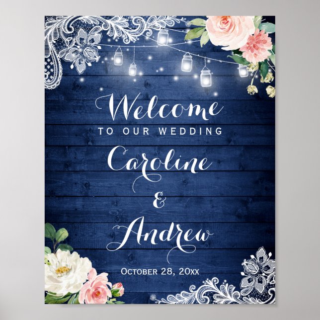 Rustikales Blue String Lights Lace Floral Wedding  Poster (Vorne)