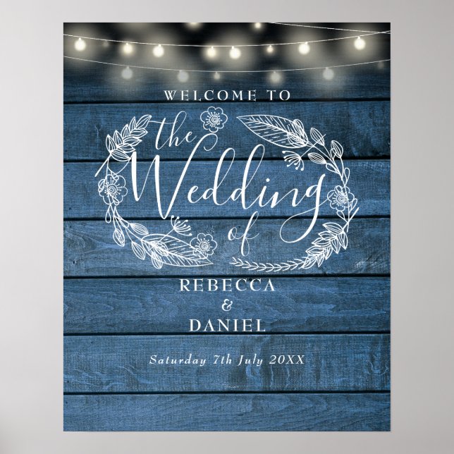 Rustikales Blue String Lights Wedding Willkommensz Poster (Vorne)