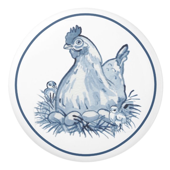 Rustikales Blue & White Chicken Hen Egg Chick Coun Keramikknauf (Vorderseite)