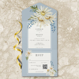 Rustikales Blue & White Watercolor Daisies QR Code All In One Einladung