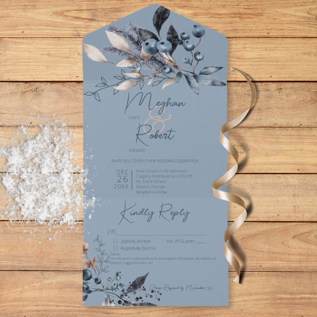 Rustikales Blue Winter Foliage Blue Details All In One Einladung (Rustic Blue Winter Foliage Blue Details All In One Invitation)