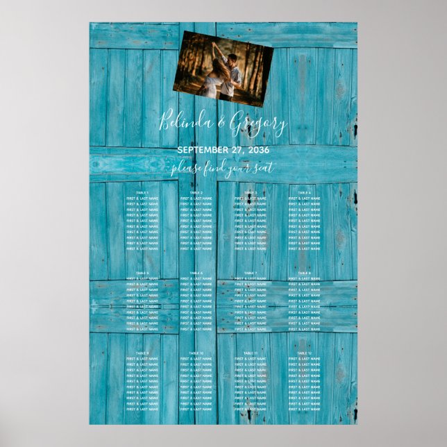 Rustikales Blue Wood Foto Hochzeitsdiagramm Poster (Vorne)