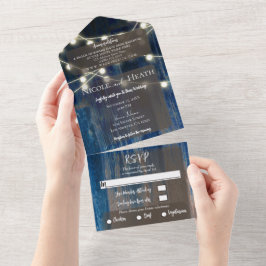 Rustikales Blue Wood & Lights Barn Wedding All In One Einladung