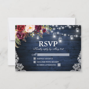 Rustikales Blue Wood Lights Jars Floral Wedding RSVP Karte