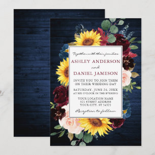 Rustikales Blue Wood Mixed Floral Frame Wedding Einladung