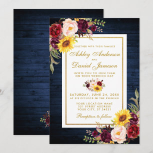 Rustikales Blue Wood Watercolor Floral Gold Hochze Einladung