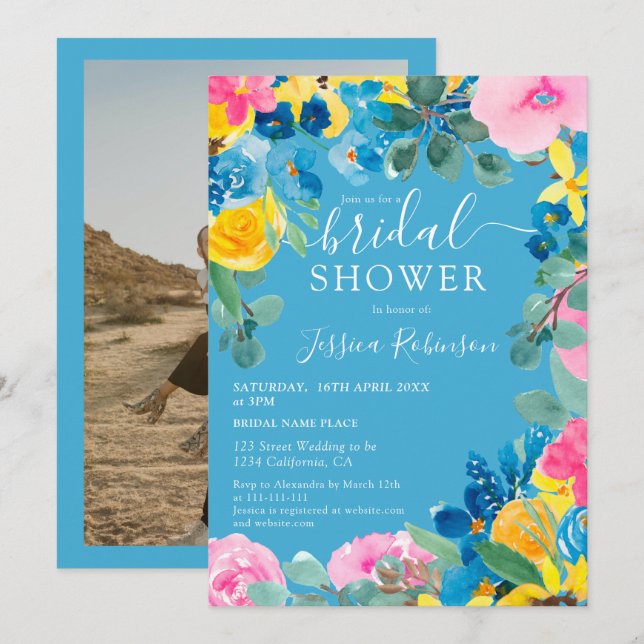 Rustikales blühendes Foto Brautparty Einladung (Vorne/Hinten)