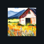 Rustikales Blume-Feld Leinwanddruck<br><div class="desc">Dieses Design zeichnet sich durch ein Aquarelldesign mit einem rustikalen Scheune und Blume Feld Set gegen blaue Berge. Erstellt von der einfachen Farmhouse Press.</div>