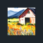 Rustikales Blume-Feld Leinwanddruck<br><div class="desc">Dieses Design zeichnet sich durch ein Aquarelldesign mit einem rustikalen Scheune und Blume Feld Set gegen blaue Berge. Erstellt von der einfachen Farmhouse Press.</div>