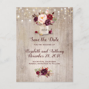 Rustikales Blumenburgund Save the Date Ankündigungspostkarte