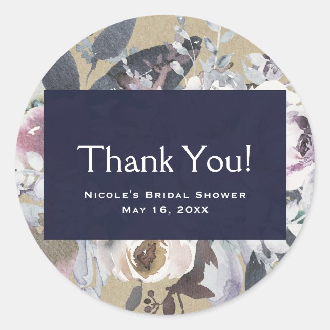 Rustikales Blumenglam Navy Kraft Wedding Bridal Ge Runder Aufkleber (Vorderseite)