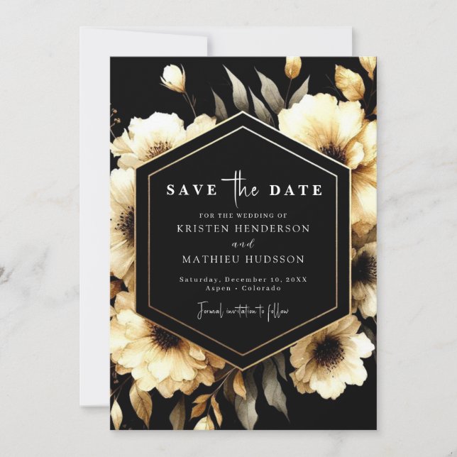 Rustikales Blumengold und Schwarze Hochzeit Save The Date (Vorderseite)