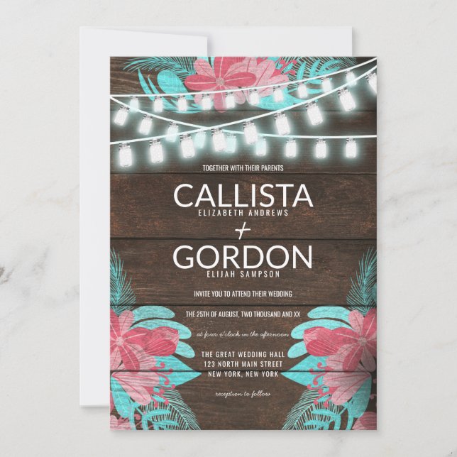 Rustikales Blumenholz Mason Jar Lights Hochzeit Einladung (Vorderseite)