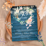 Rustikales Blumenjubiläum Save the Date 50 Jahre Ankündigungspostkarte<br><div class="desc">Mit einer zarten Aquarell-Rose mit Blumengarten und Streichelleuchten auf blauem rustikalem Holzhintergrund kann diese schicke botanische 50. Hochzeitstag-Save the Date-Karte mit Ihren speziellen Goldenen Jubiläumsinformationen personalisiert werden. Auf der Rückseite befindet sich eine passende Blumengarage, in der Sie Ihr Jubiläum in elegantem weißem Text auf blauem rustikalem Holzhintergrund gestalten. Entwickelt von...</div>