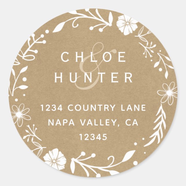 Rustikales Blumenkraut Imitate Kraft Rücksendeadre Runder Aufkleber (Vorderseite)