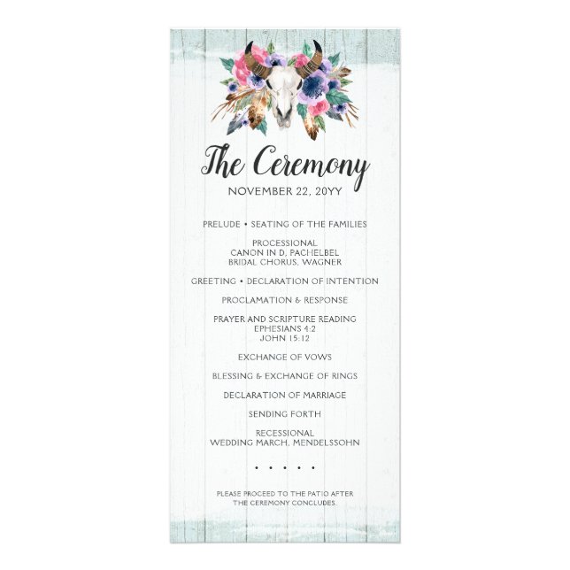 Rustikales Blumenkuh Skull Boho Chic Hochzeitsprog Werbekarte (Vorne)