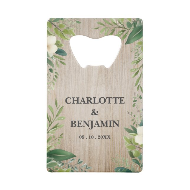 Rustikales Blumenleaf Border Holzes Gastgeschenk H Geldbeutel Flaschenöffner (Vorderseite)