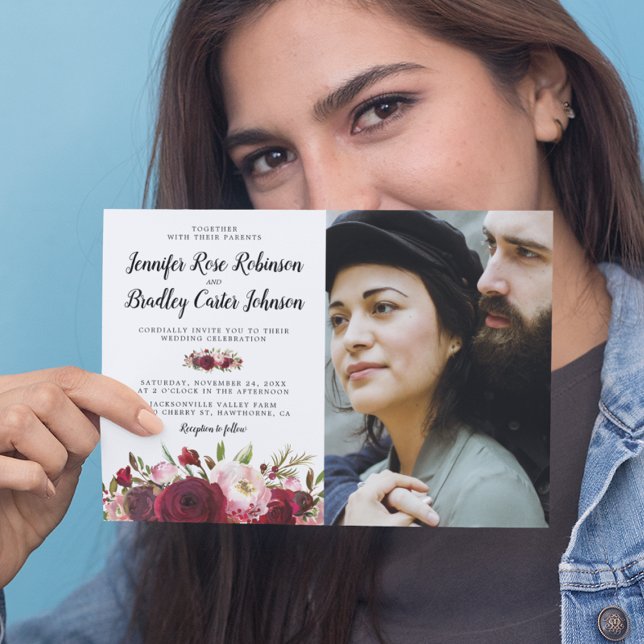 Rustikales Blush Burgund Blume Foto Hochzeit Einladung (Von Creator hochgeladen)