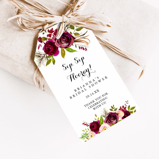 Rustikales Blush Burgund Sip Hooray Brautparty Geschenkanhänger (Von Creator hochgeladen)