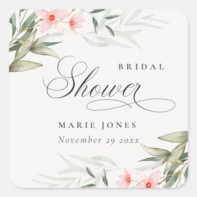 Rustikales Blush Greenery Blumenbunch Brautparty Quadratischer Aufkleber (Vorderseite)