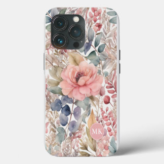 Rustikales Blush Pink Floral Aquarellfarben Monogr iPhone 13 Pro Hülle