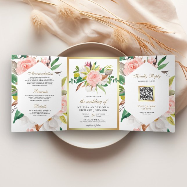 Rustikales Blush Pink Floral Gold QR Code Hochzeit Dreifach Gefaltete Einladung (Von Creator hochgeladen)